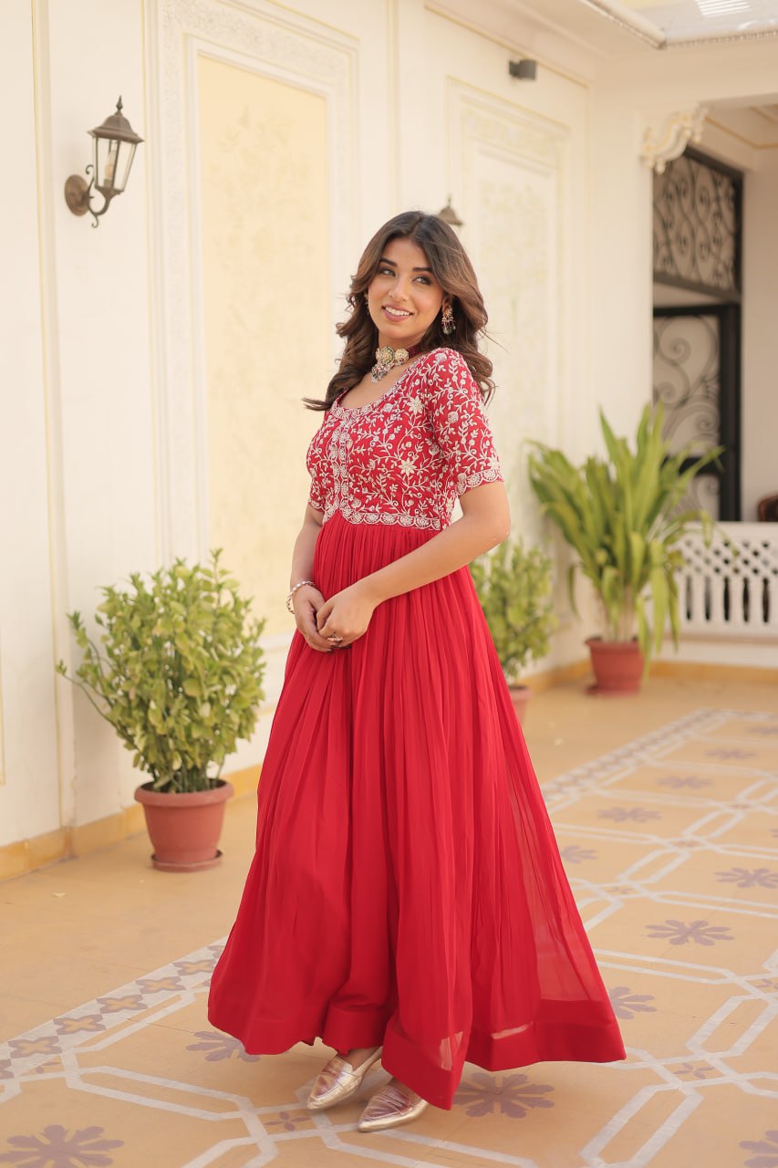 Elegant Faux Georgette Zari Sequins Worked Designer Gown - Ethnicwish