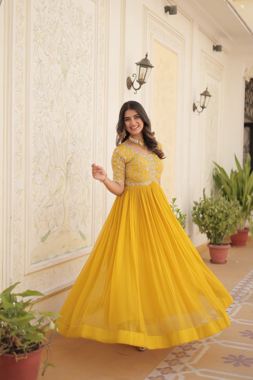 Elegant Faux Georgette Zari Sequins Worked Designer Gown - Ethnicwish