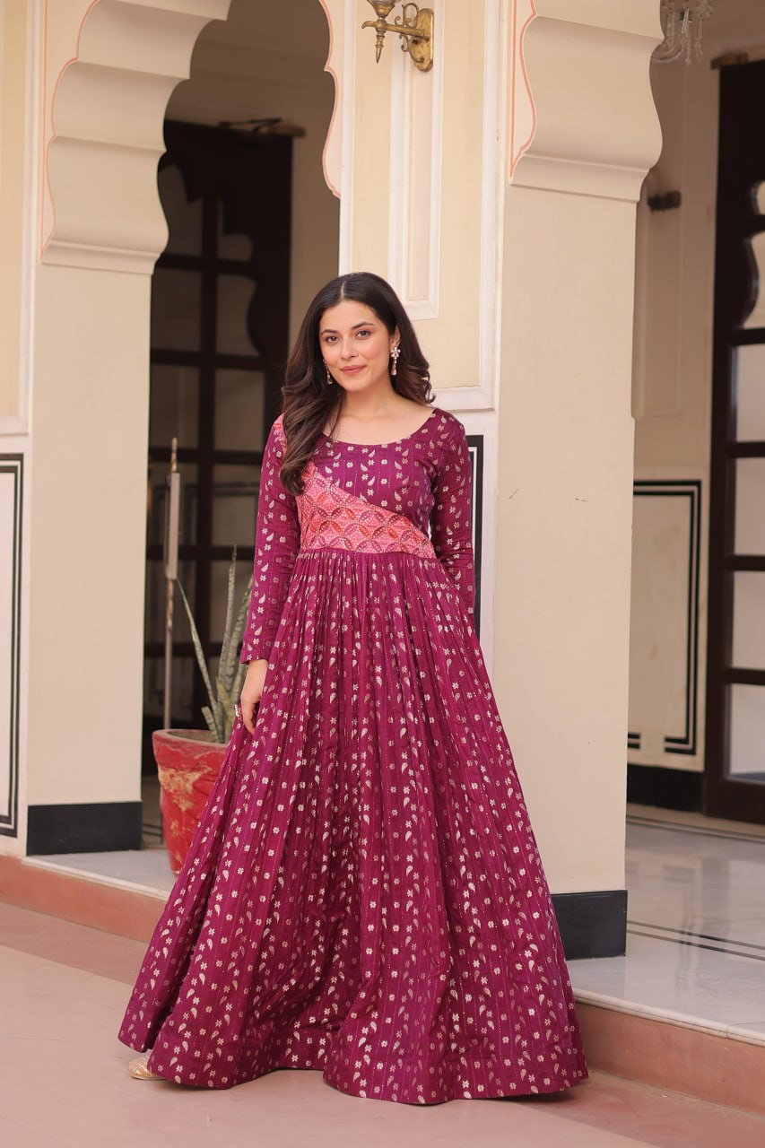 Elegant Staple Jacquard Weaving Gown – Fully Stitched & Ready to Wear - ETHNICDEAL