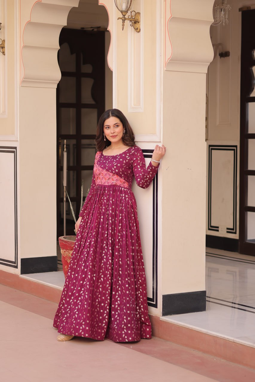Elegant Staple Jacquard Weaving Gown – Fully Stitched & Ready to Wear - ETHNICDEAL