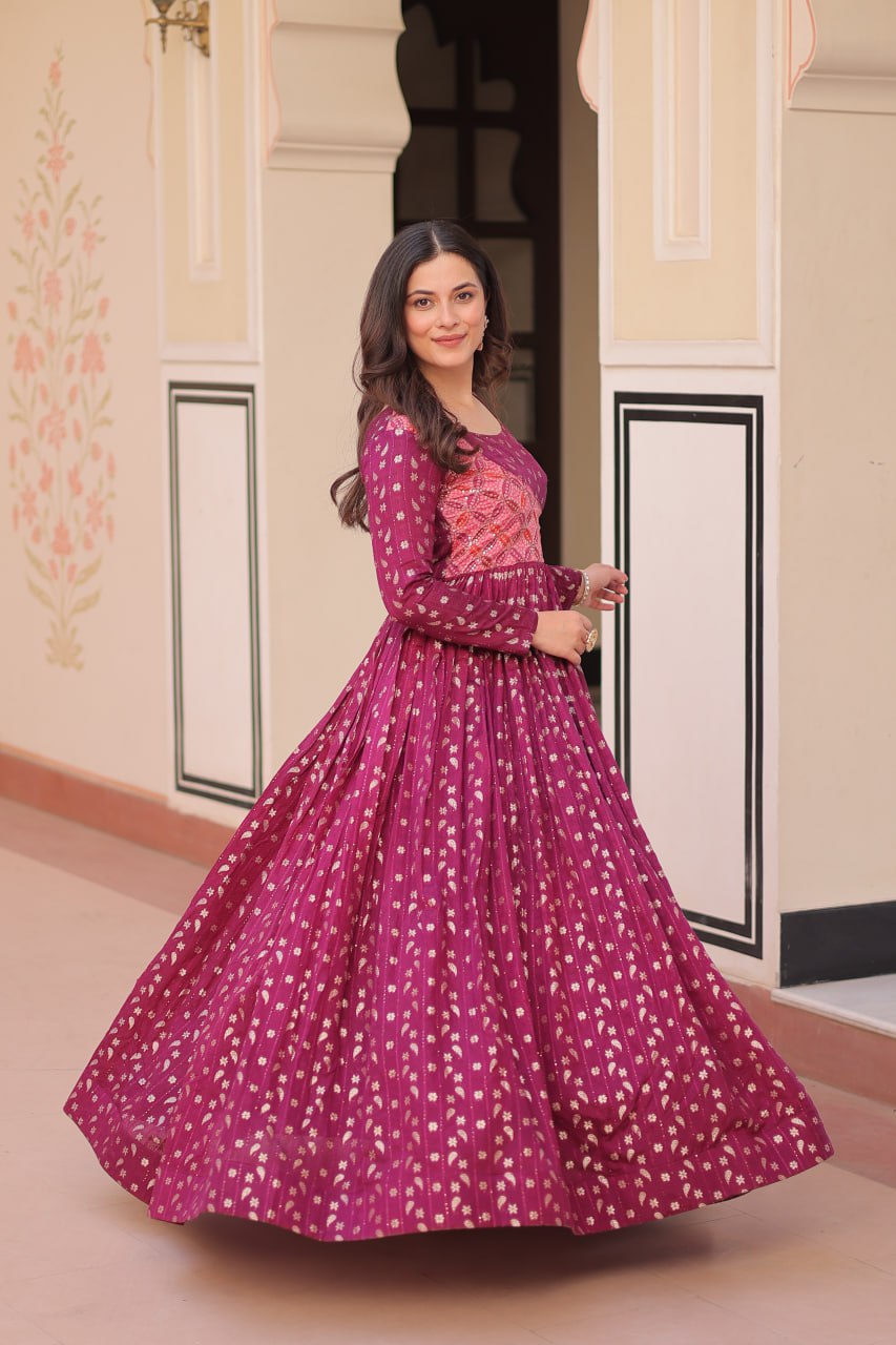 Elegant Staple Jacquard Weaving Gown – Fully Stitched & Ready to Wear - ETHNICDEAL