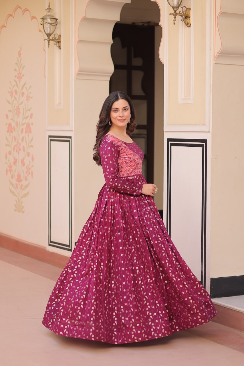 Elegant Staple Jacquard Weaving Gown – Fully Stitched & Ready to Wear - ETHNICDEAL