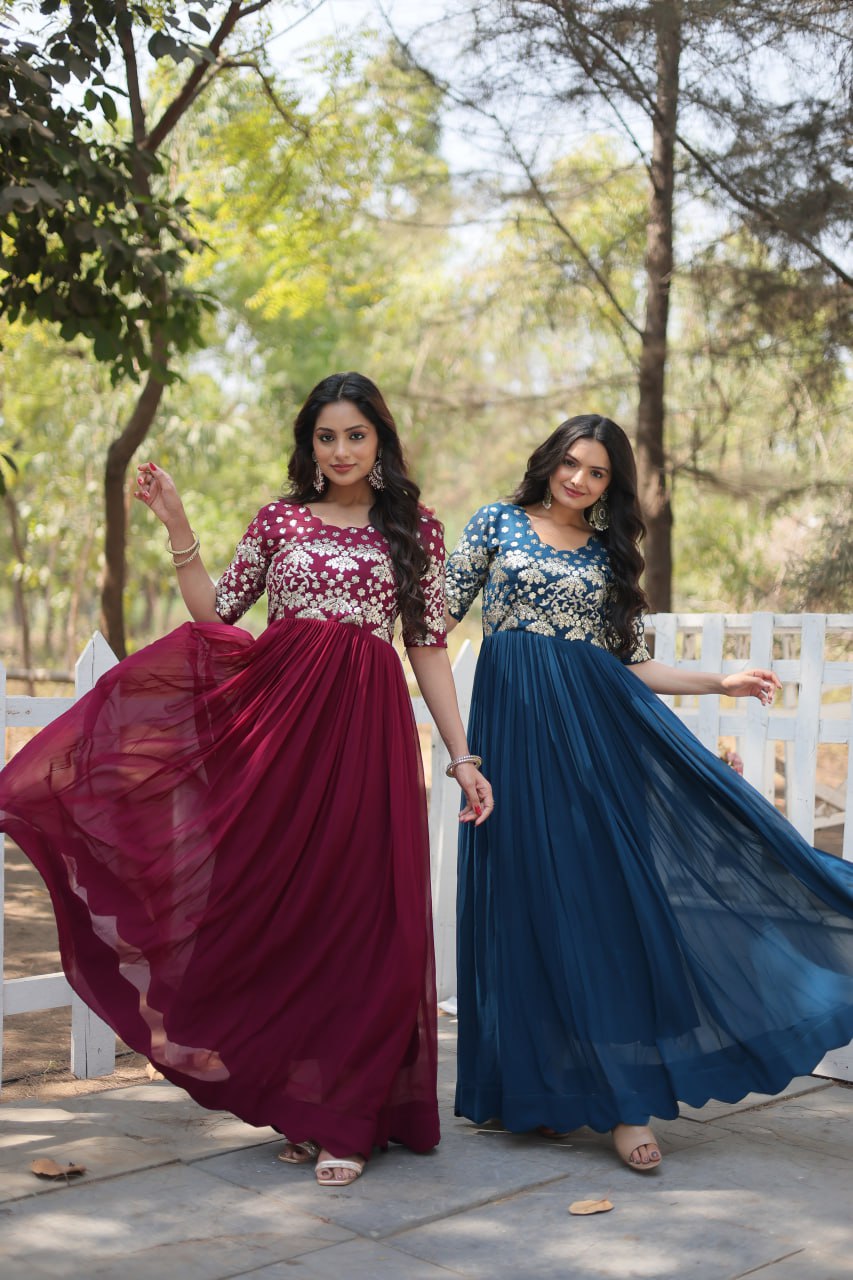 Lovely Faux Georgette Zari Sequins Worked Designer Gown - Ethnicwish