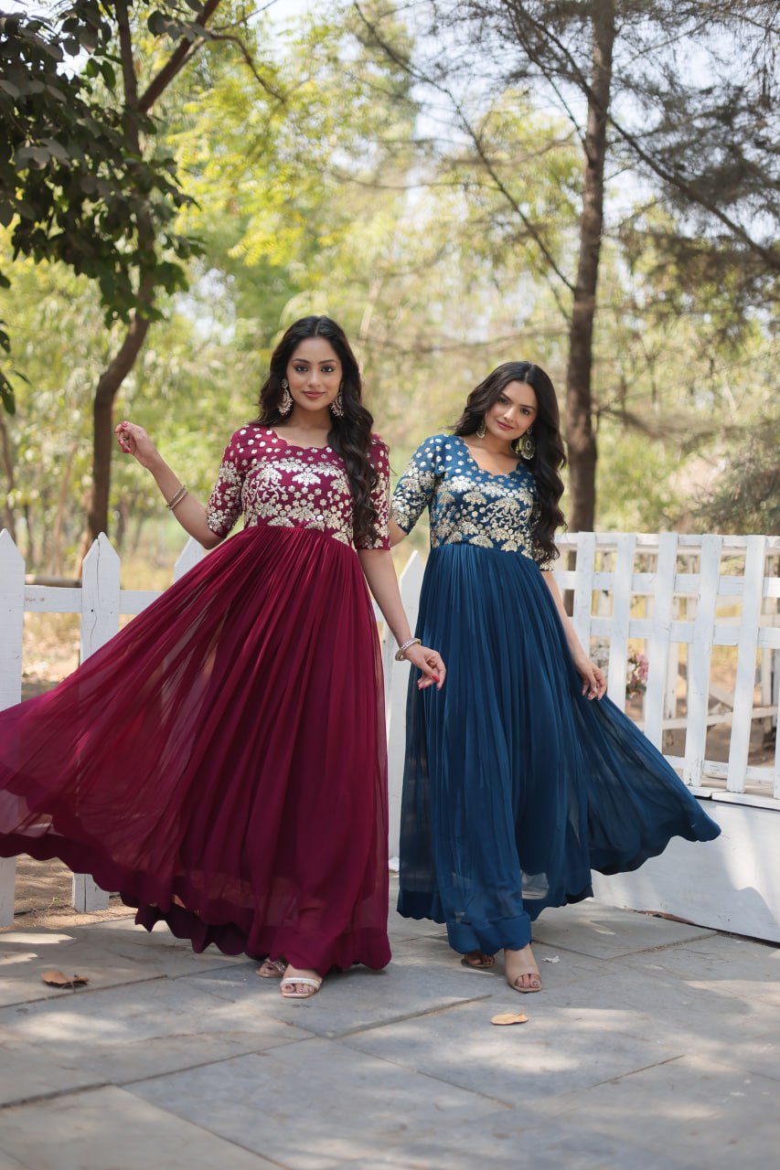 Lovely Faux Georgette Zari Sequins Worked Designer Gown - Ethnicwish