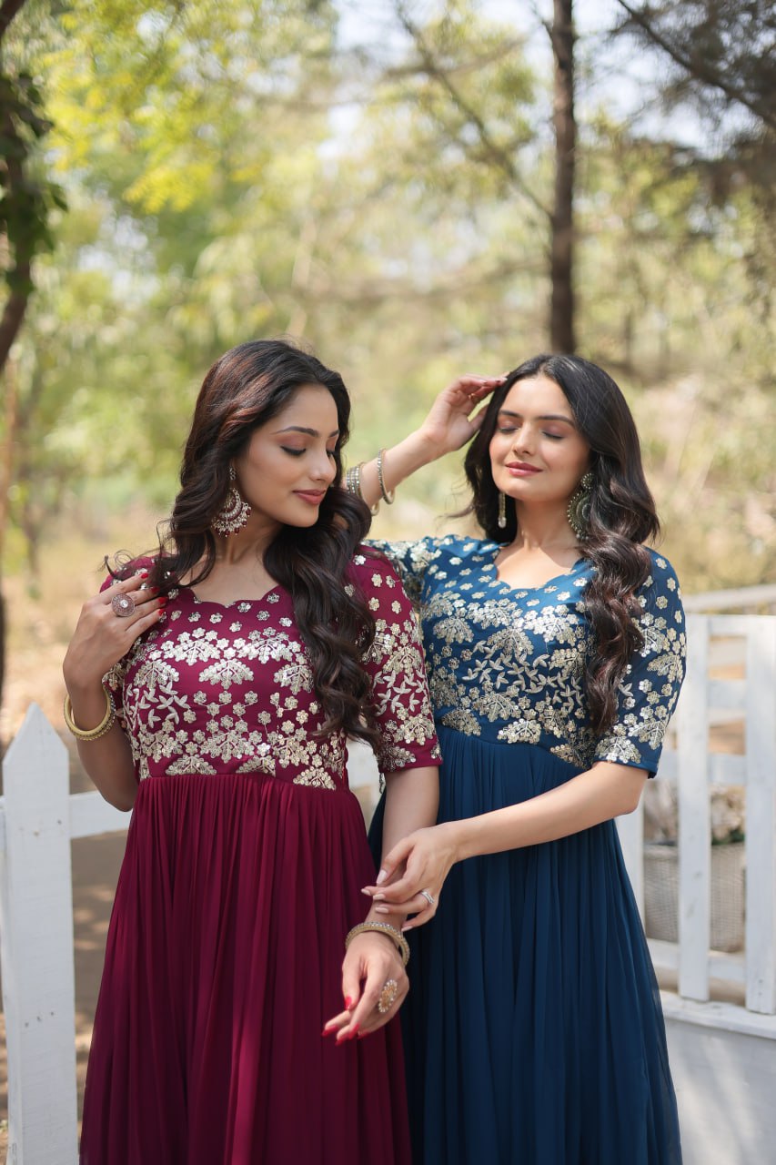 Lovely Faux Georgette Zari Sequins Worked Designer Gown - Ethnicwish