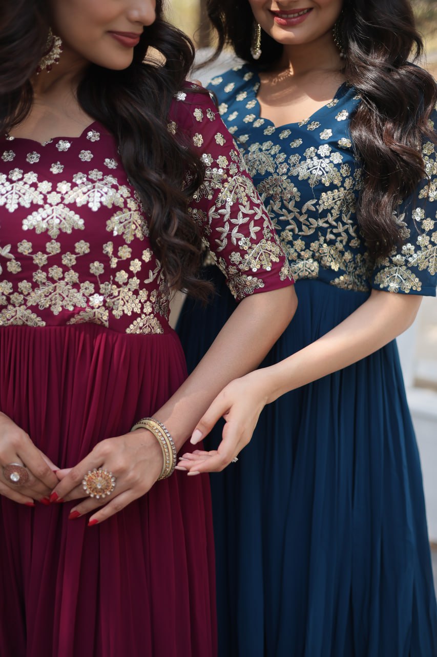 Lovely Faux Georgette Zari Sequins Worked Designer Gown - Ethnicwish