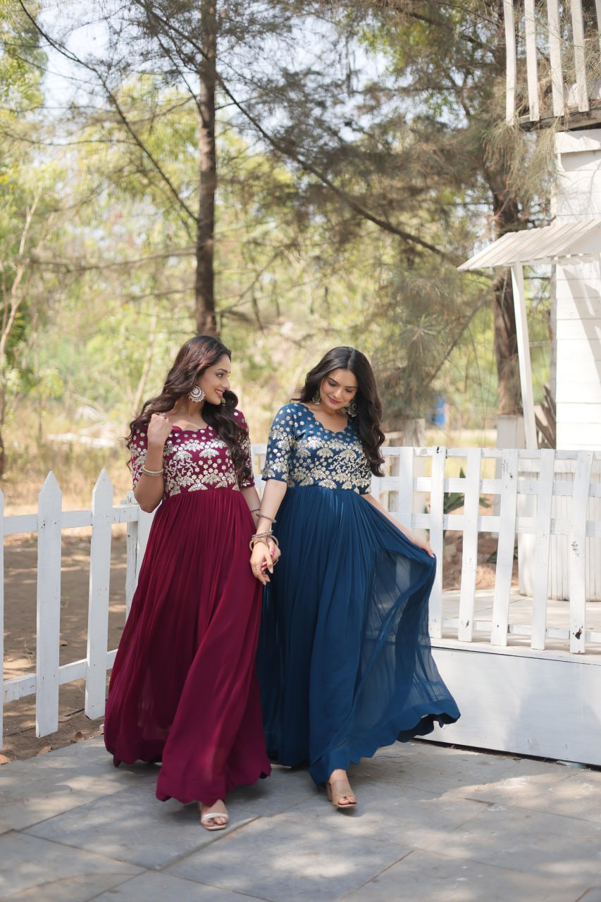 Lovely Faux Georgette Zari Sequins Worked Designer Gown - Ethnicwish