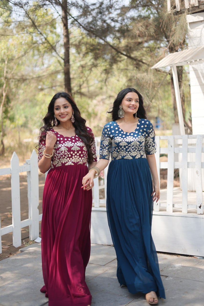 Lovely Faux Georgette Zari Sequins Worked Designer Gown - Ethnicwish