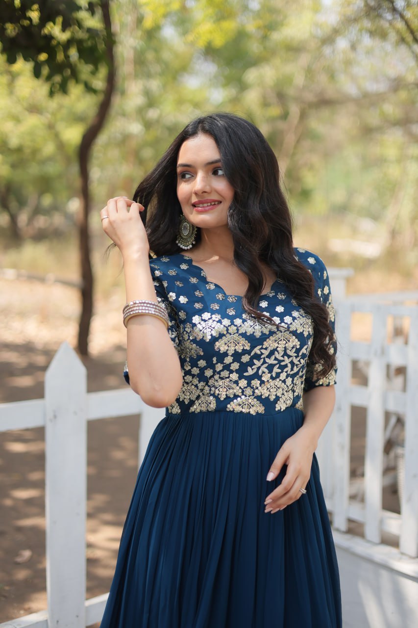 Lovely Faux Georgette Zari Sequins Worked Designer Gown - Ethnicwish