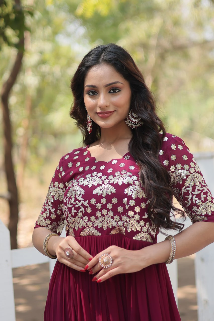 Lovely Faux Georgette Zari Sequins Worked Designer Gown - Ethnicwish