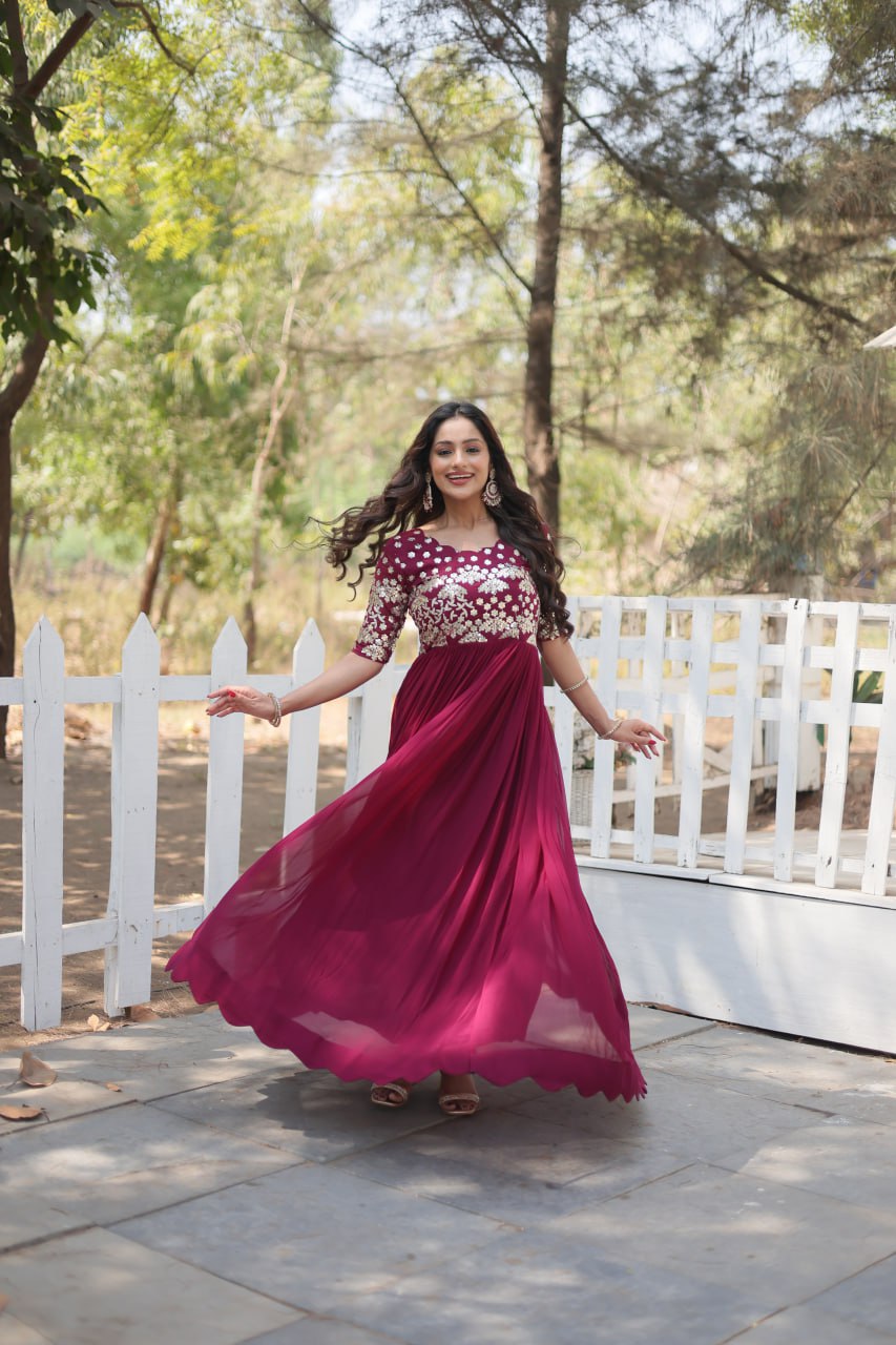 Lovely Faux Georgette Zari Sequins Worked Designer Gown - Ethnicwish