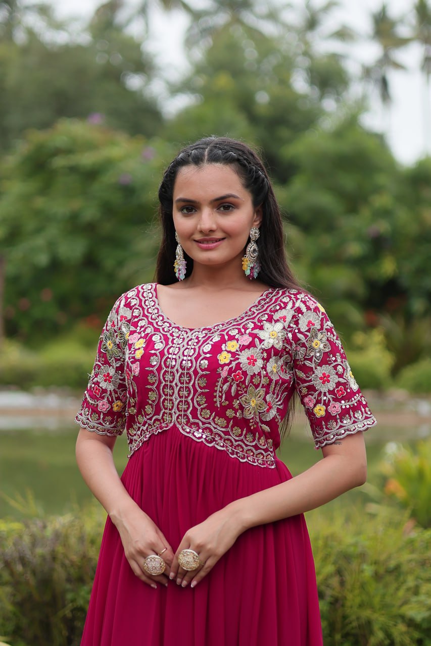 Winsome Faux Georgette Zari Sequins Worked Designer Gown - Ethnicwish