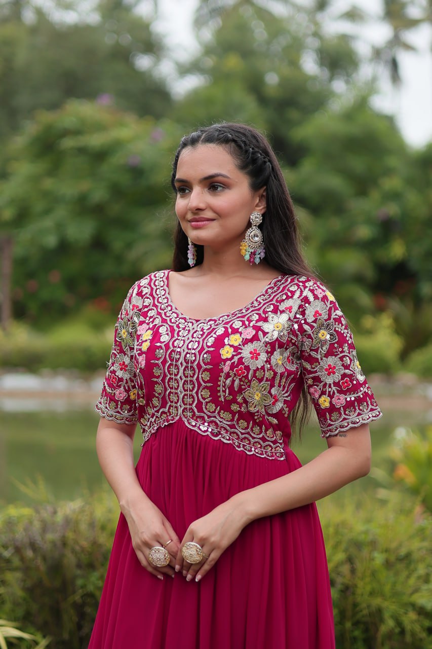 Winsome Faux Georgette Zari Sequins Worked Designer Gown - Ethnicwish