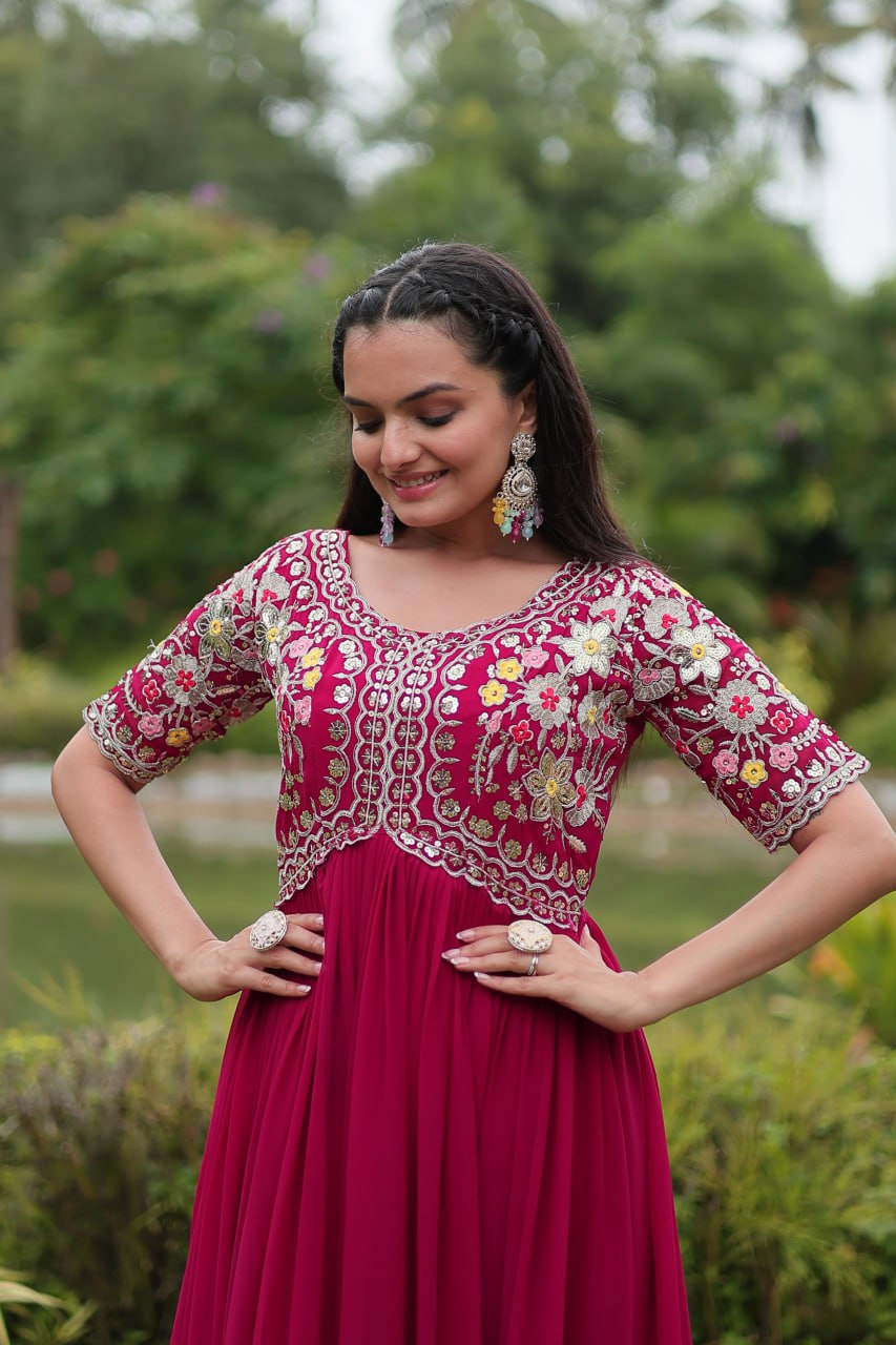 Winsome Faux Georgette Zari Sequins Worked Designer Gown - Ethnicwish