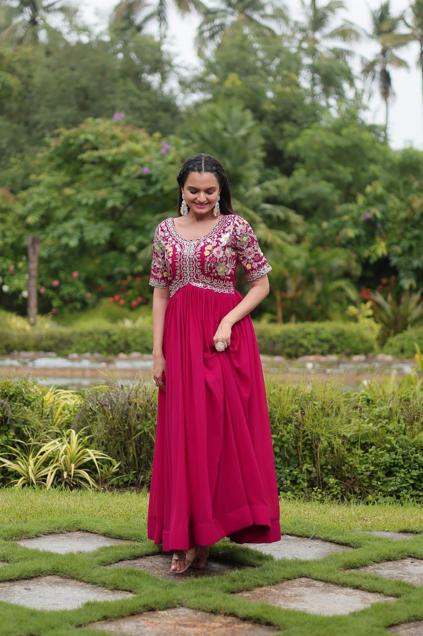 Winsome Faux Georgette Zari Sequins Worked Designer Gown - Ethnicwish