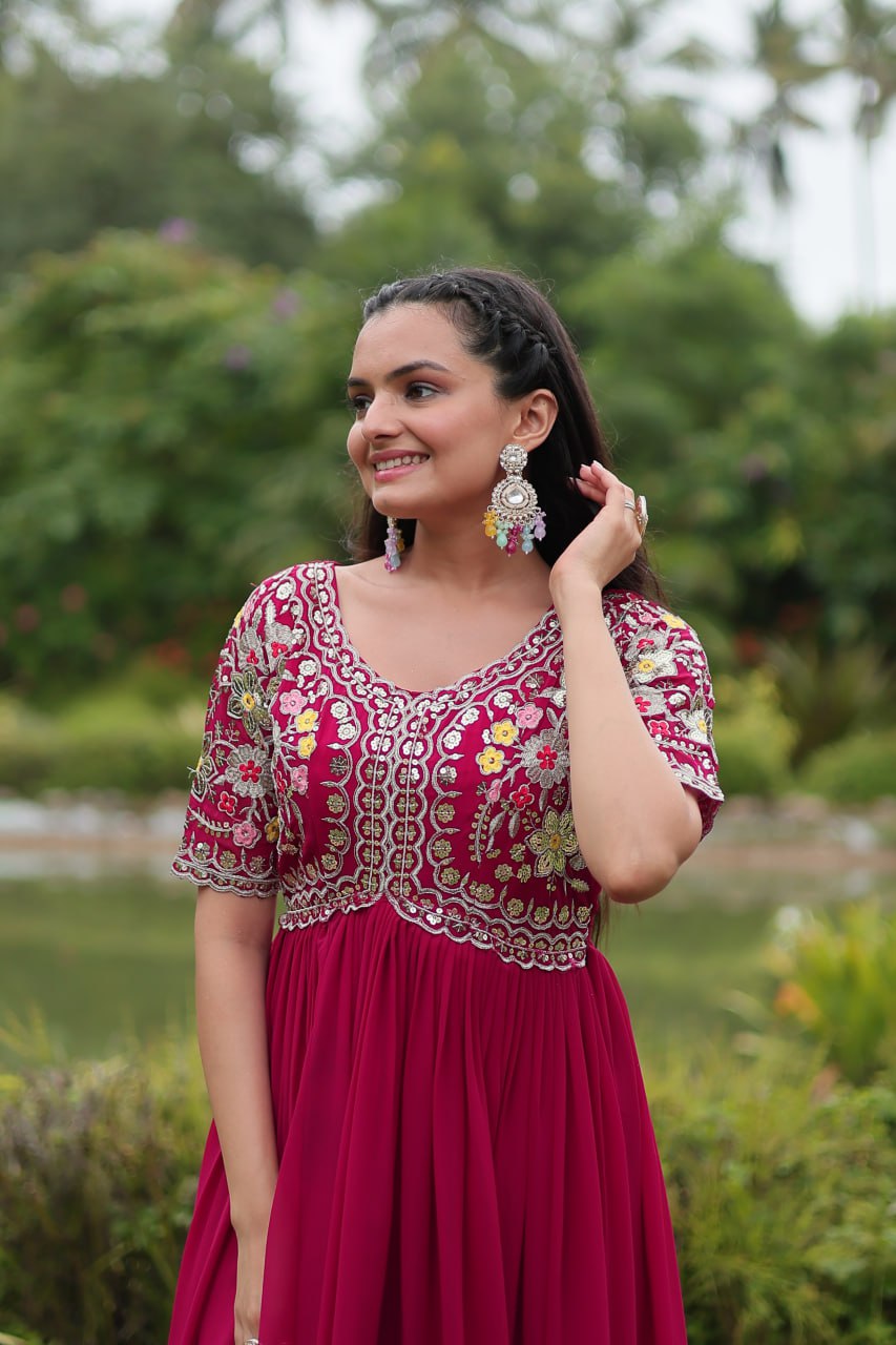 Winsome Faux Georgette Zari Sequins Worked Designer Gown - Ethnicwish