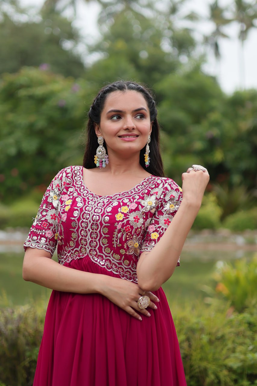 Winsome Faux Georgette Zari Sequins Worked Designer Gown - Ethnicwish