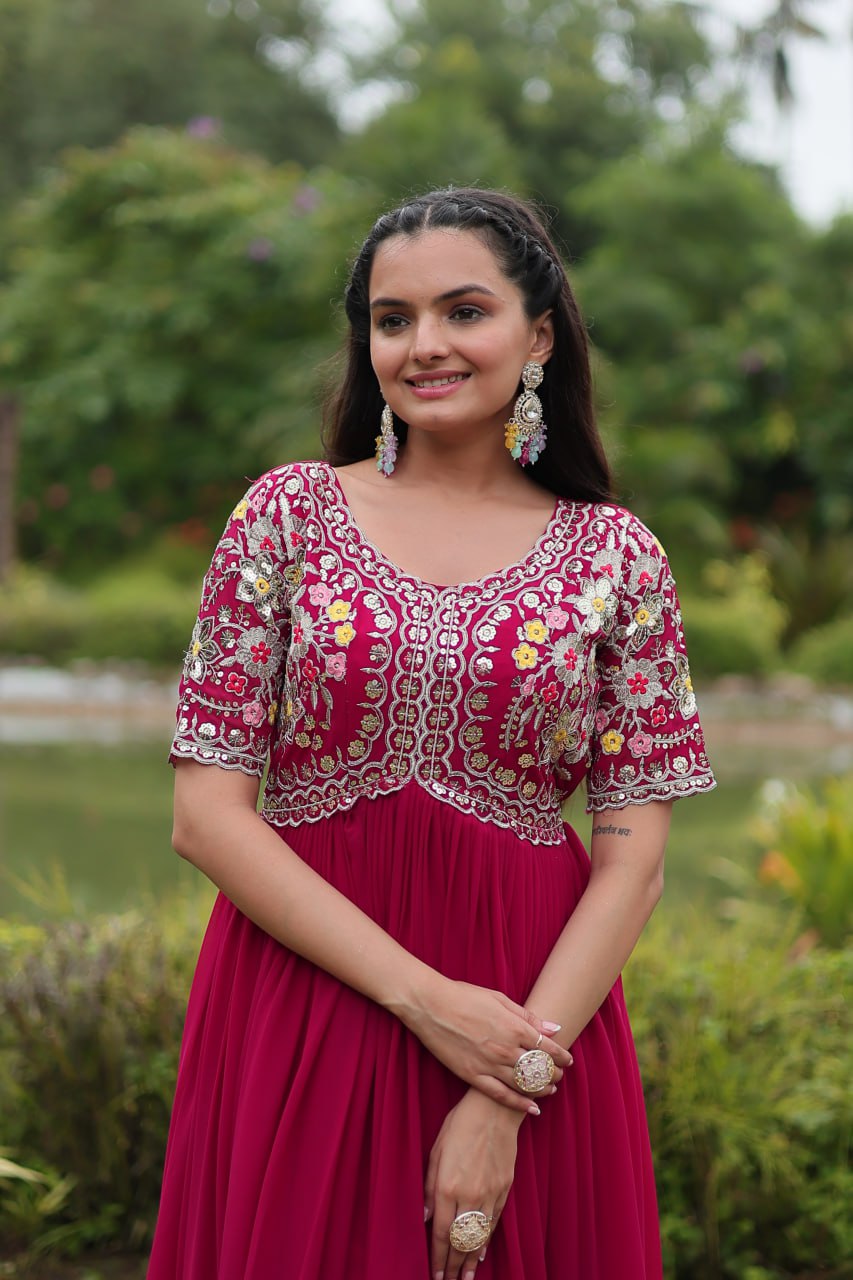 Winsome Faux Georgette Zari Sequins Worked Designer Gown - Ethnicwish