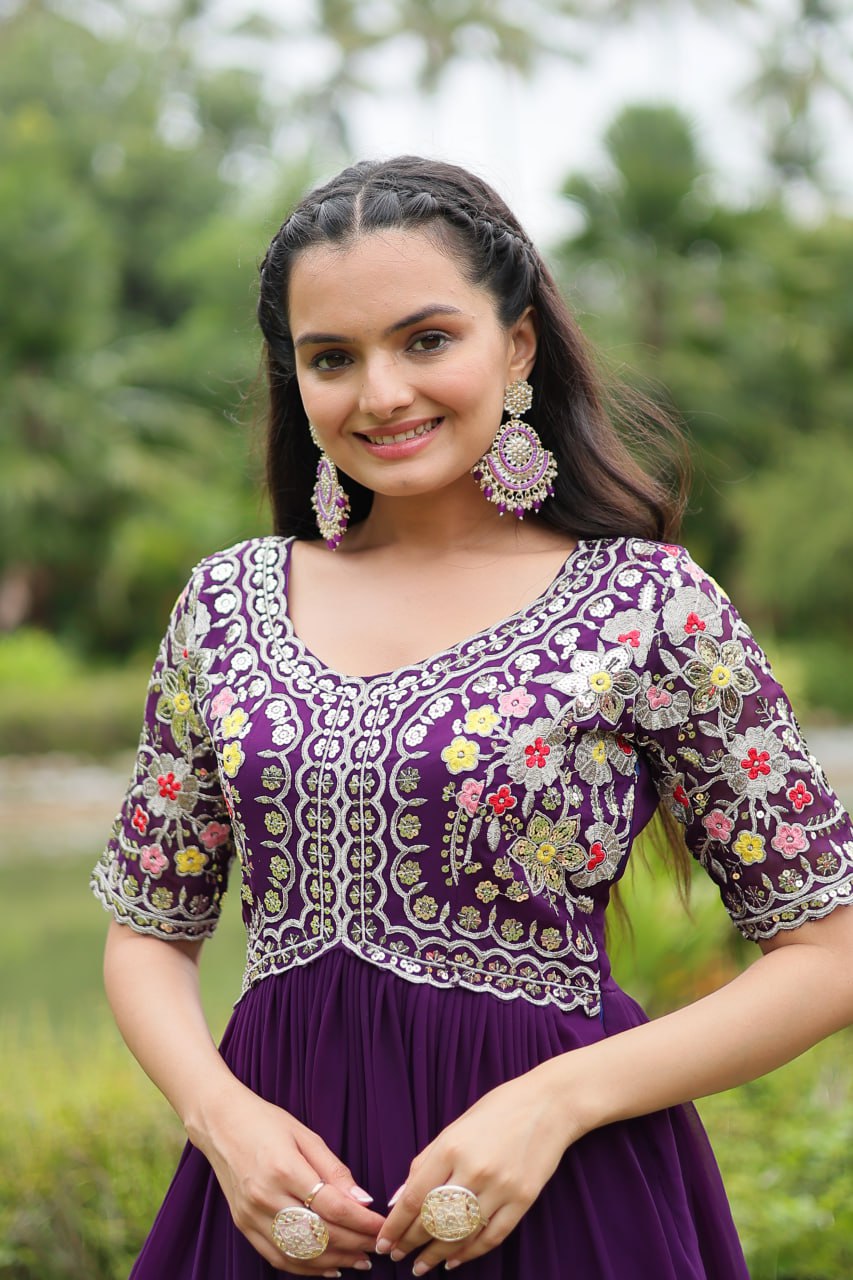 Winsome Faux Georgette Zari Sequins Worked Designer Gown - Ethnicwish