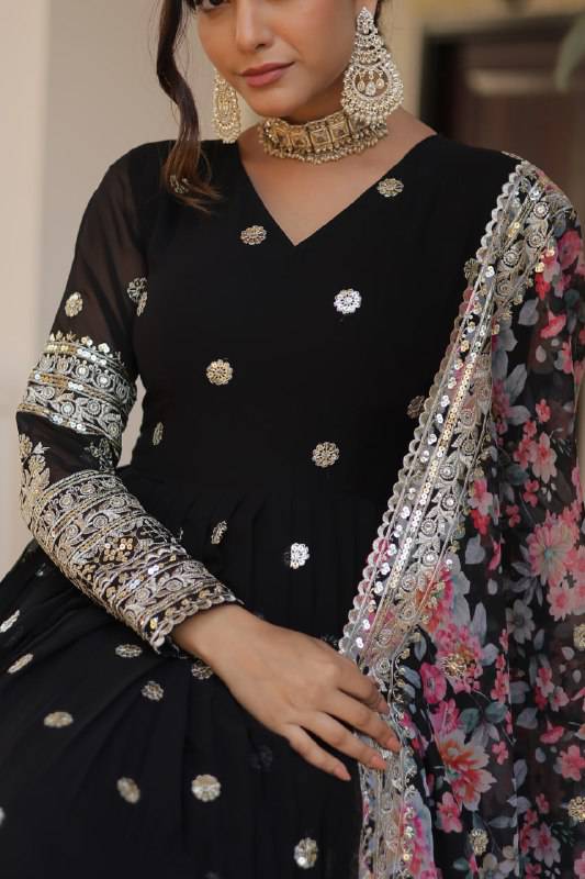 Elegant Faux Georgette Intricate Zari Sequins Worked Gown With Dupatta - Ethnicwish