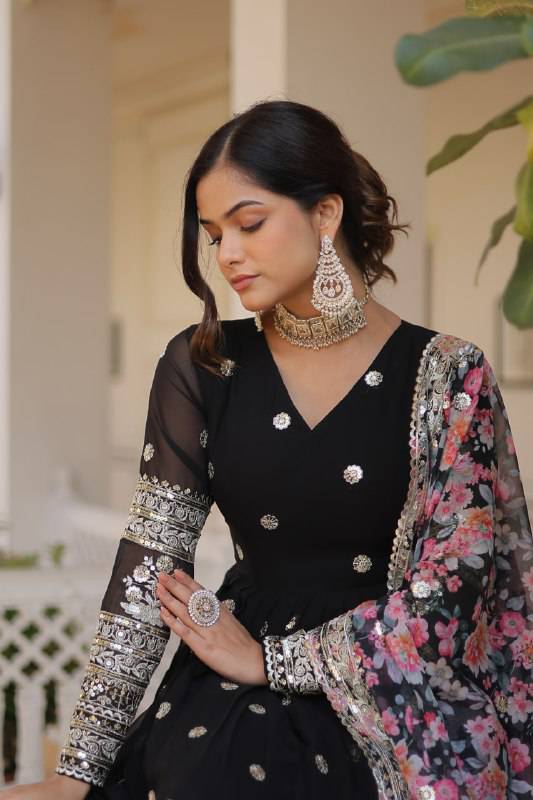 Elegant Faux Georgette Intricate Zari Sequins Worked Gown With Dupatta - Ethnicwish