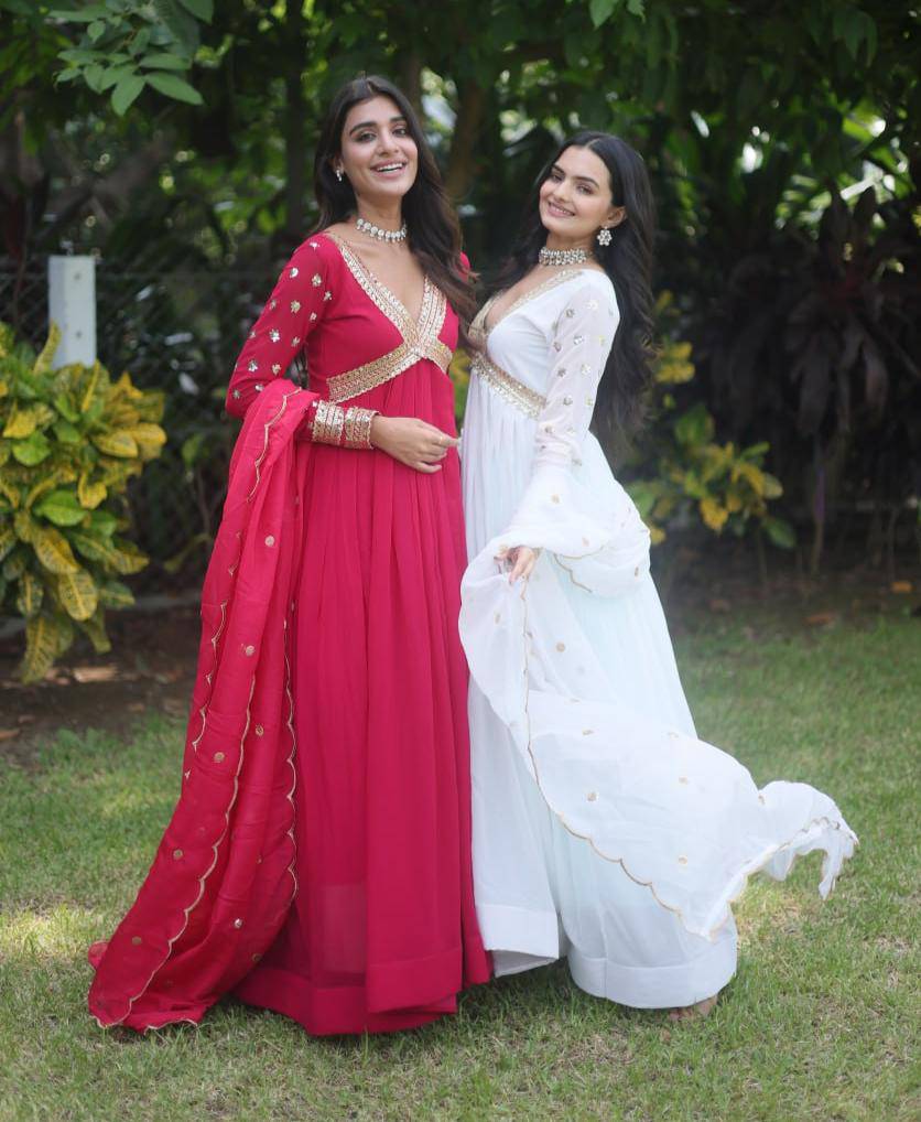 Glamorous Faux Georgette Zari Sequins Worked Gown - Ethnicwish