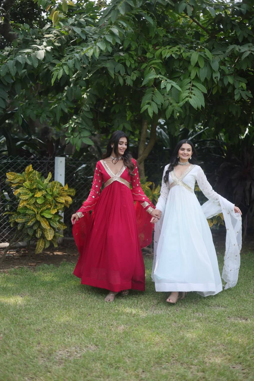 Glamorous Faux Georgette Zari Sequins Worked Gown - Ethnicwish