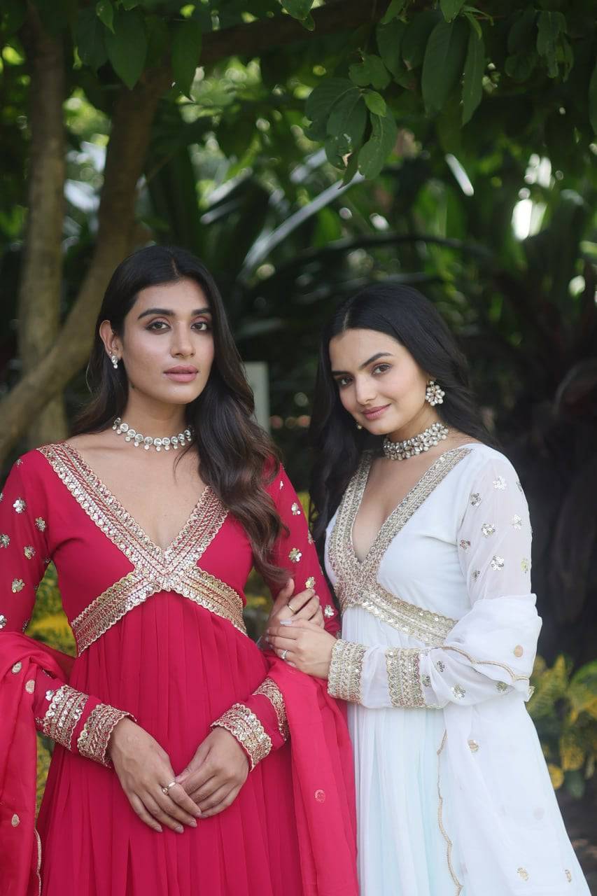 Glamorous Faux Georgette Zari Sequins Worked Gown - Ethnicwish