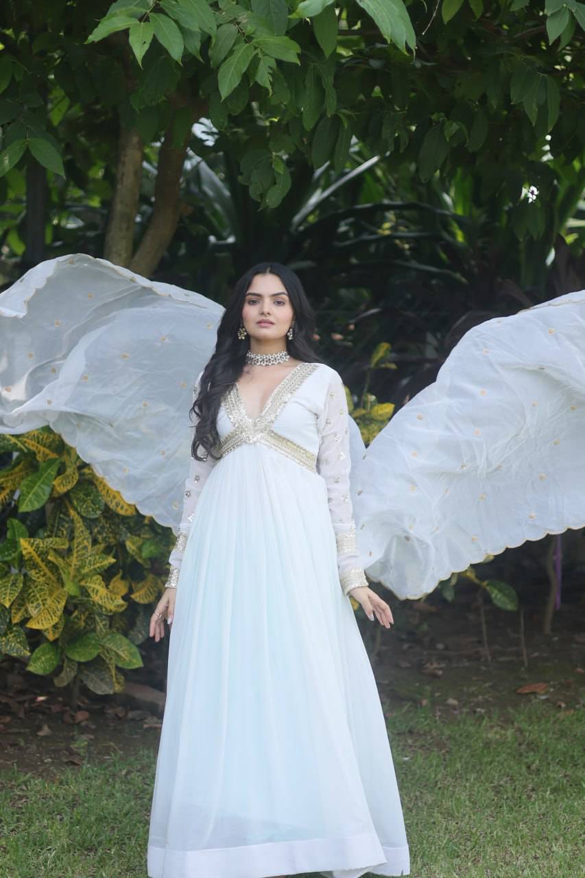 Glamorous Faux Georgette Zari Sequins Worked Gown - Ethnicwish