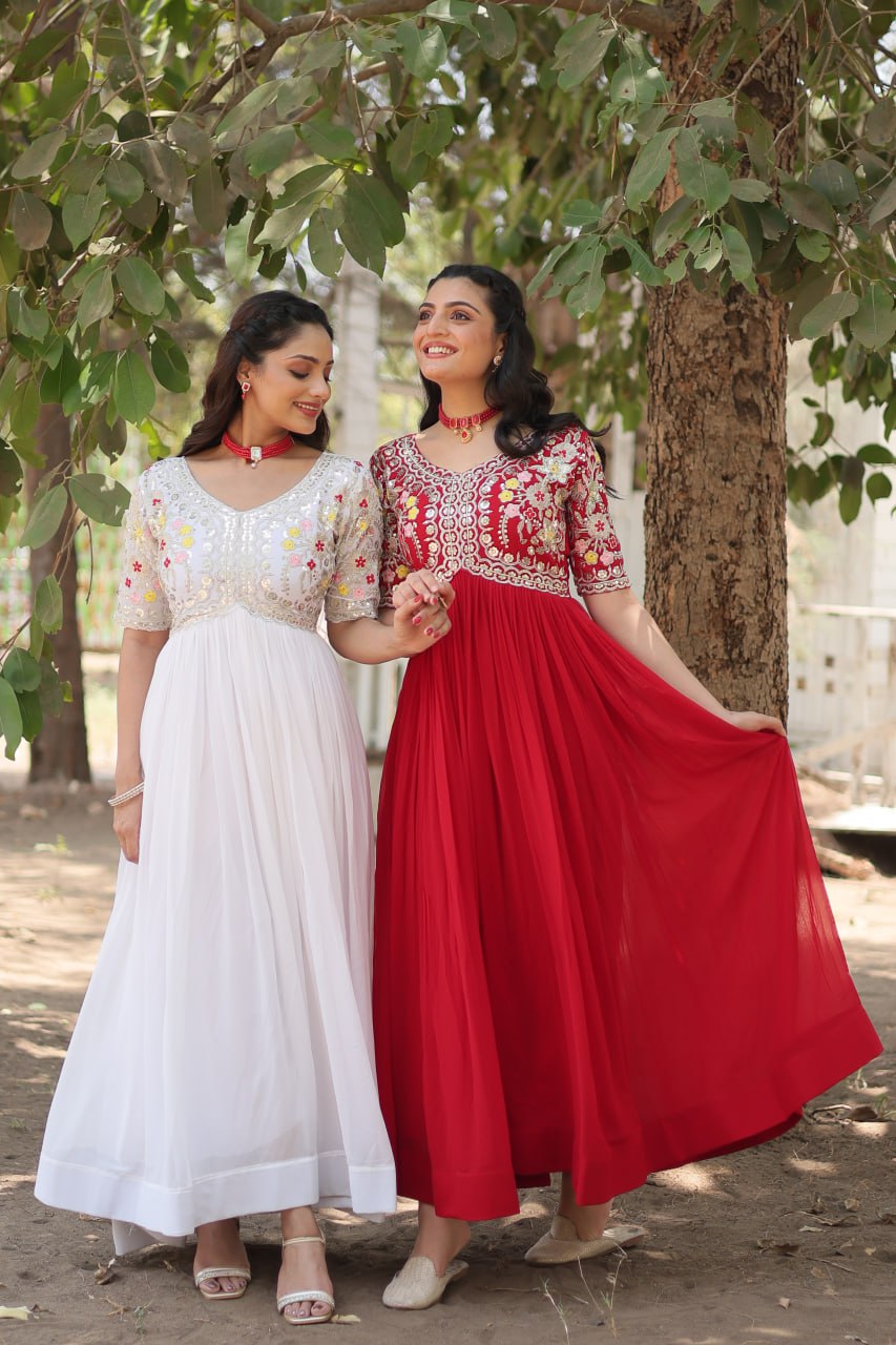 Shimmering Faux Georgette Fully Stitched Designer Gown - Ethnicwish