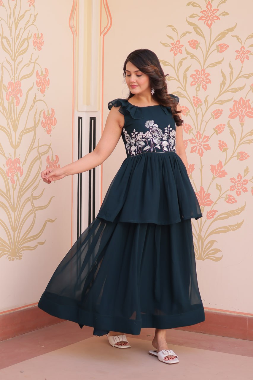 Sleeveless Faux Blooming Beads Embroidered Gown – Party & Festive Wear - ETHNICDEAL