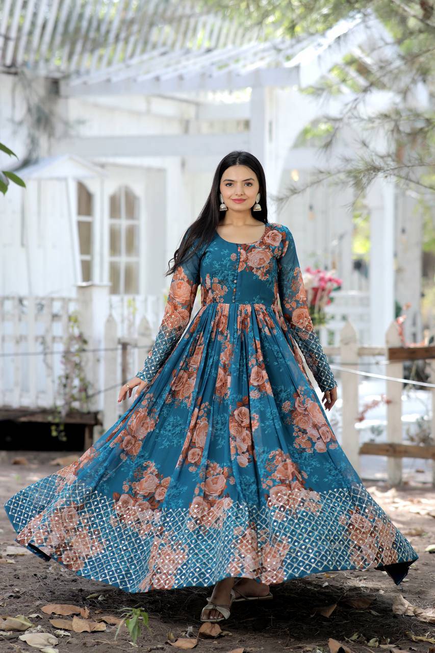Timeless Floral Digital Printed Faux Georgette Designer Gown - Ethnicwish