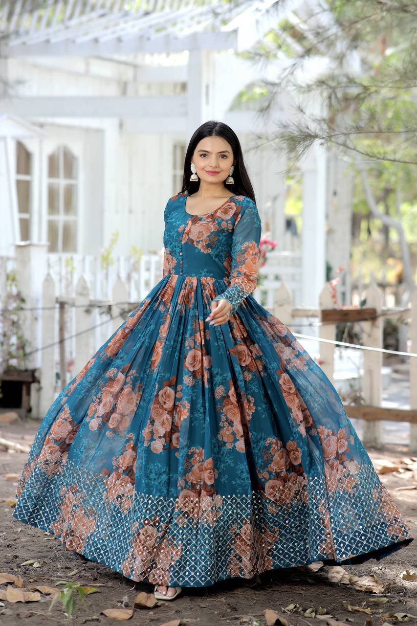 Timeless Floral Digital Printed Faux Georgette Designer Gown - Ethnicwish
