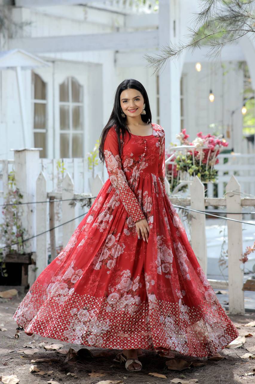 Timeless Floral Digital Printed Faux Georgette Designer Gown - Ethnicwish