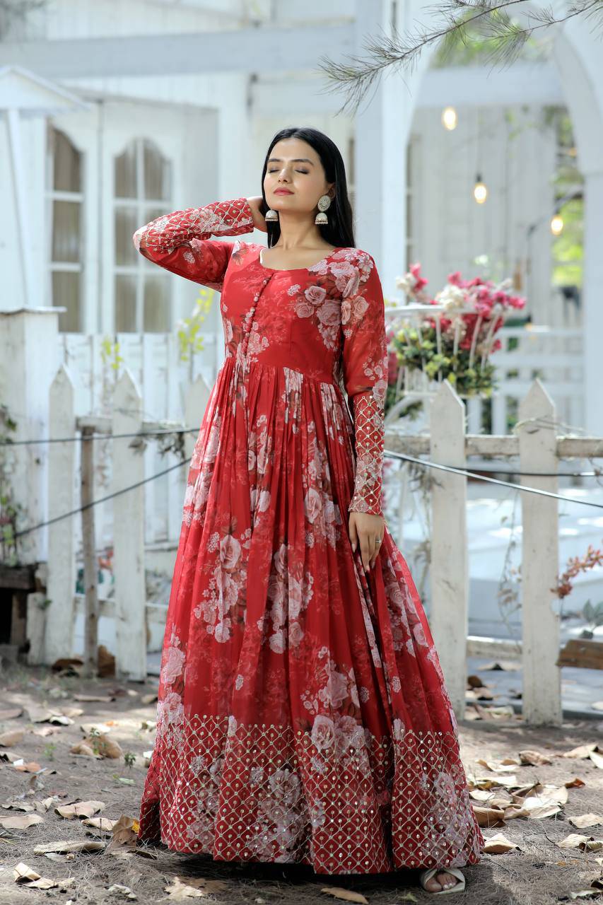 Timeless Floral Digital Printed Faux Georgette Designer Gown - Ethnicwish