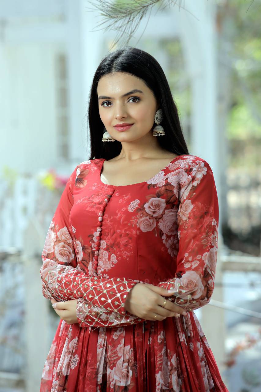 Timeless Floral Digital Printed Faux Georgette Designer Gown - Ethnicwish