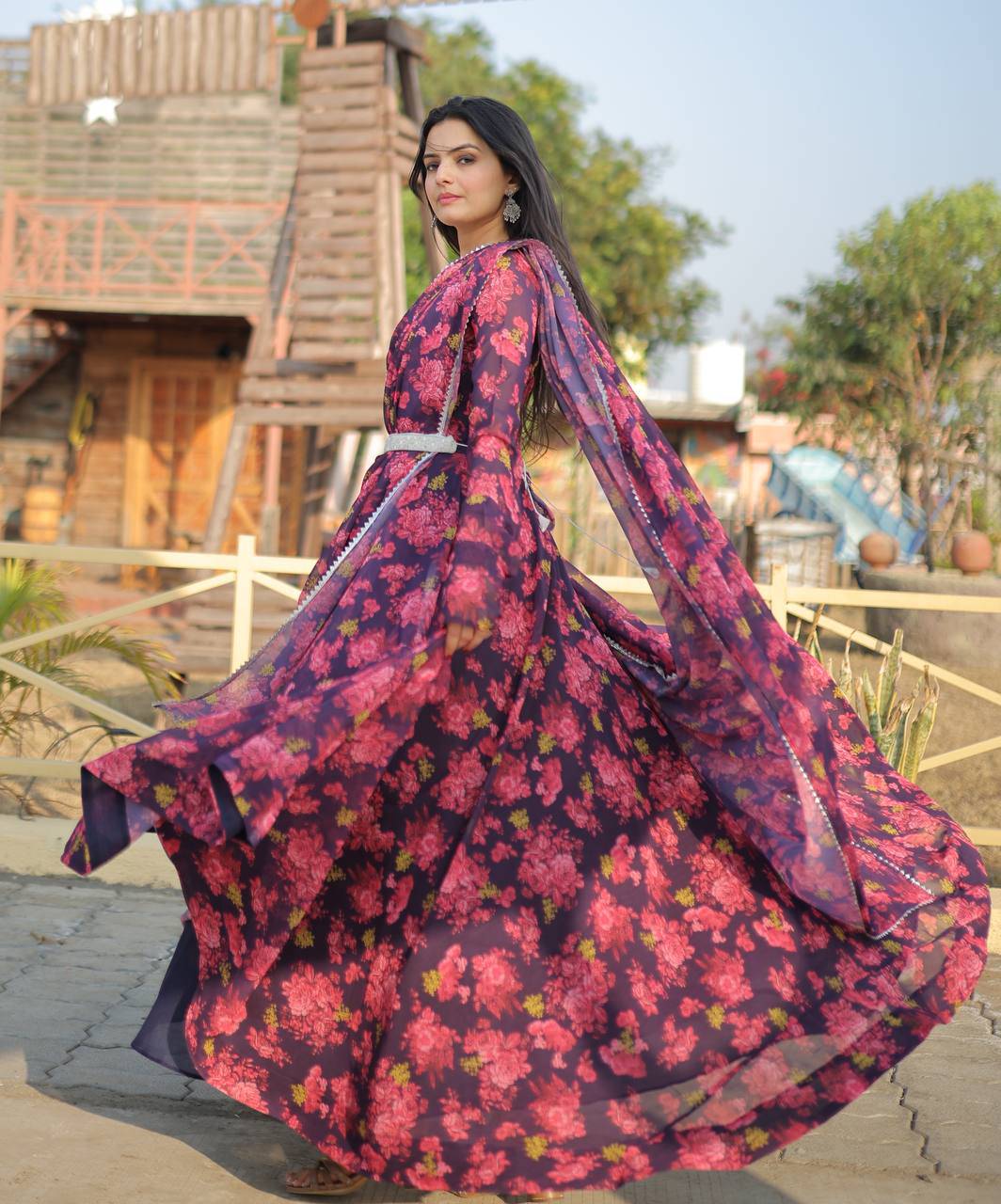 Unique Pink Floral Digital Printed Faux Georgette Fully Stitched Gown With Dupatta - Ethnicwish