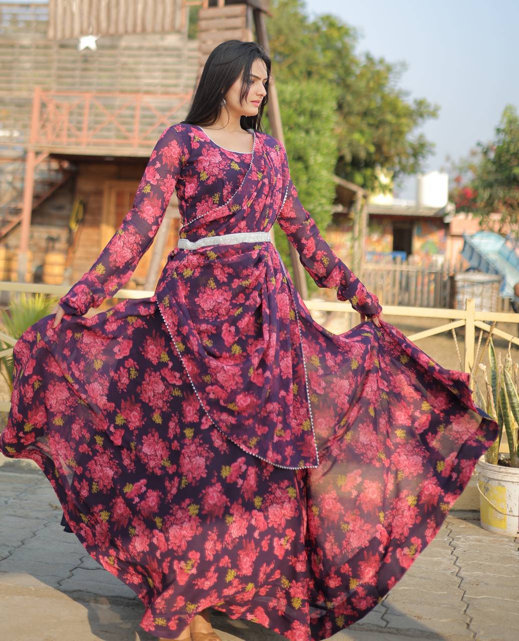 Unique Pink Floral Digital Printed Faux Georgette Fully Stitched Gown With Dupatta - Ethnicwish