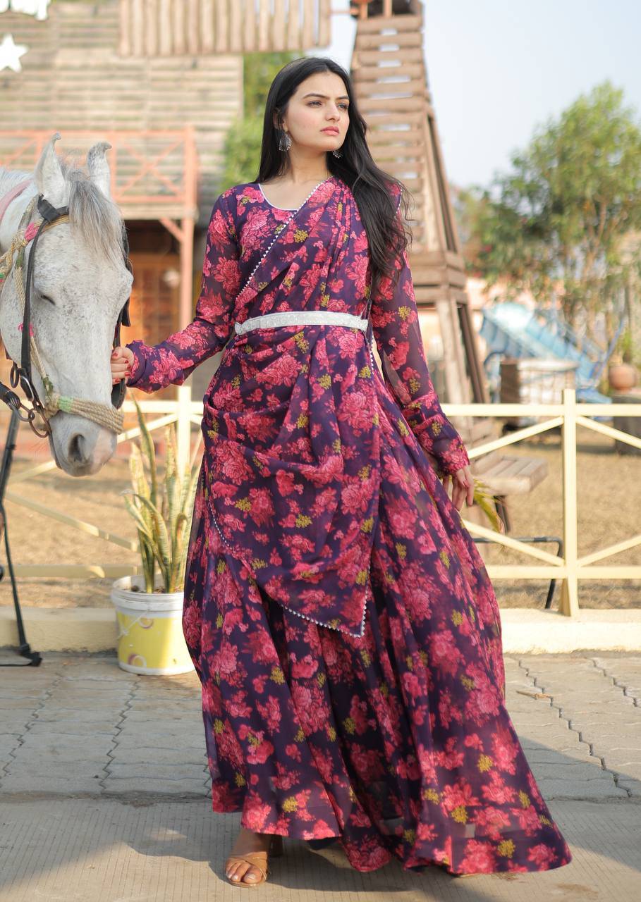 Unique Pink Floral Digital Printed Faux Georgette Fully Stitched Gown With Dupatta - Ethnicwish