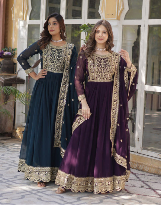Elegant Faux Georgette Embroidered Gown With Dupatta - ETHNICDEAL