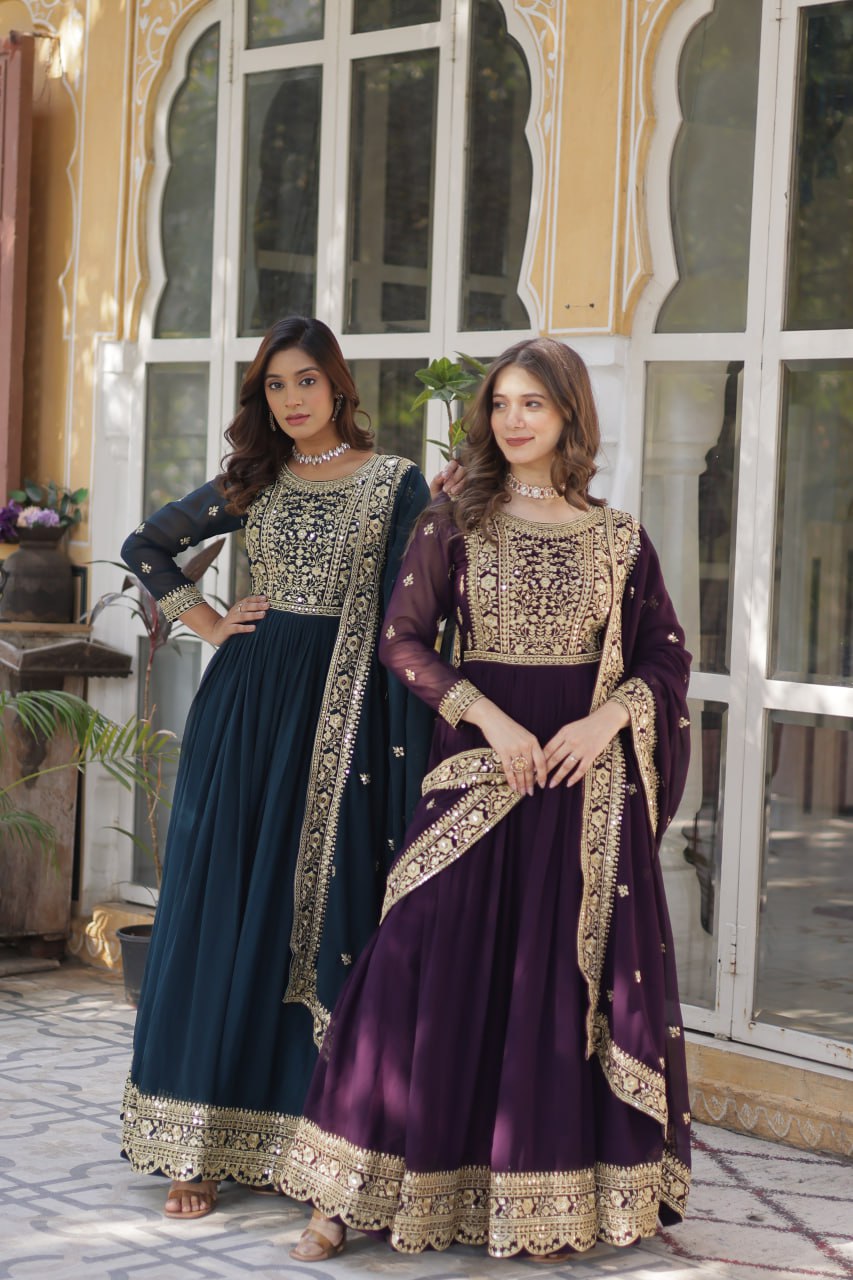 Elegant Faux Georgette Embroidered Gown With Dupatta - ETHNICDEAL