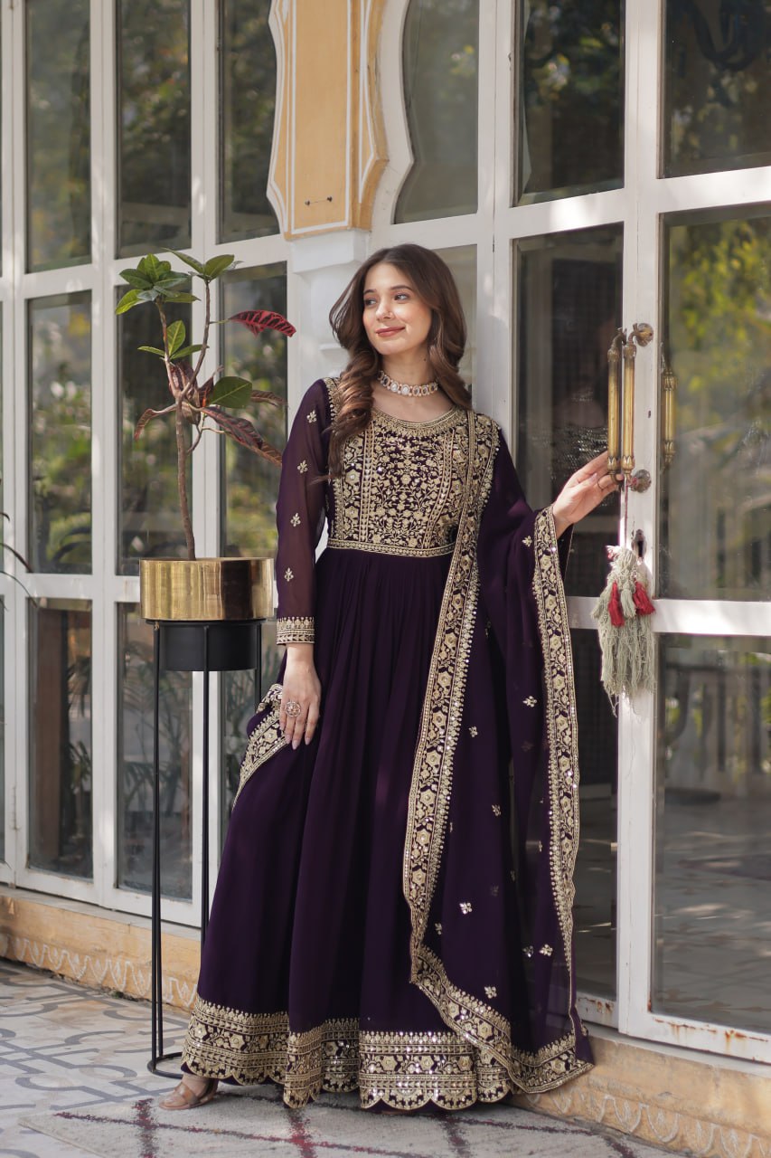 Elegant Faux Georgette Embroidered Gown With Dupatta - ETHNICDEAL