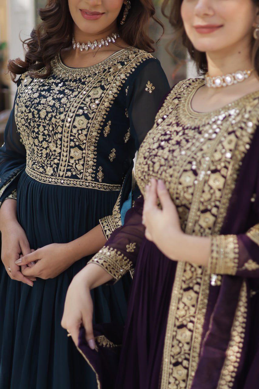 Elegant Faux Georgette Embroidered Gown With Dupatta - ETHNICDEAL