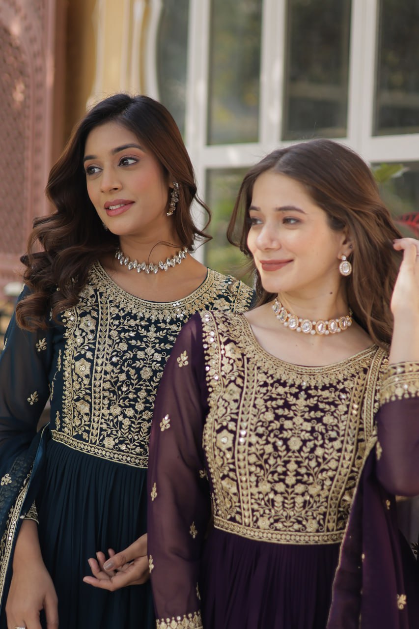 Elegant Faux Georgette Embroidered Gown With Dupatta - ETHNICDEAL