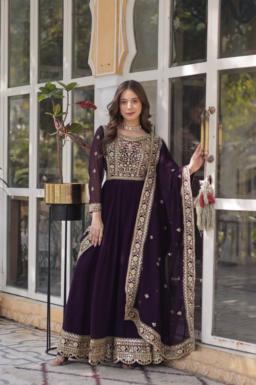 Elegant Faux Georgette Embroidered Gown With Dupatta - ETHNICDEAL