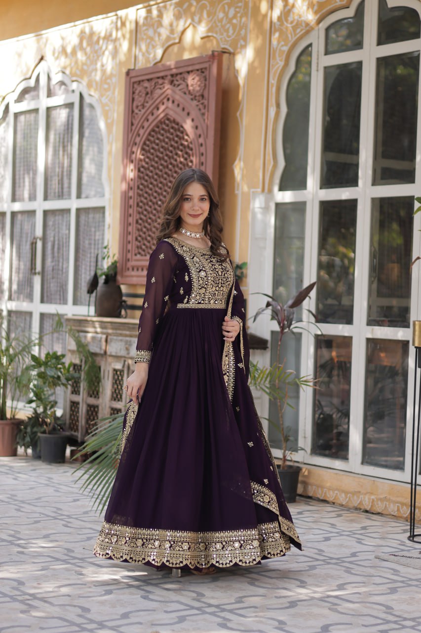 Elegant Faux Georgette Embroidered Gown With Dupatta - ETHNICDEAL