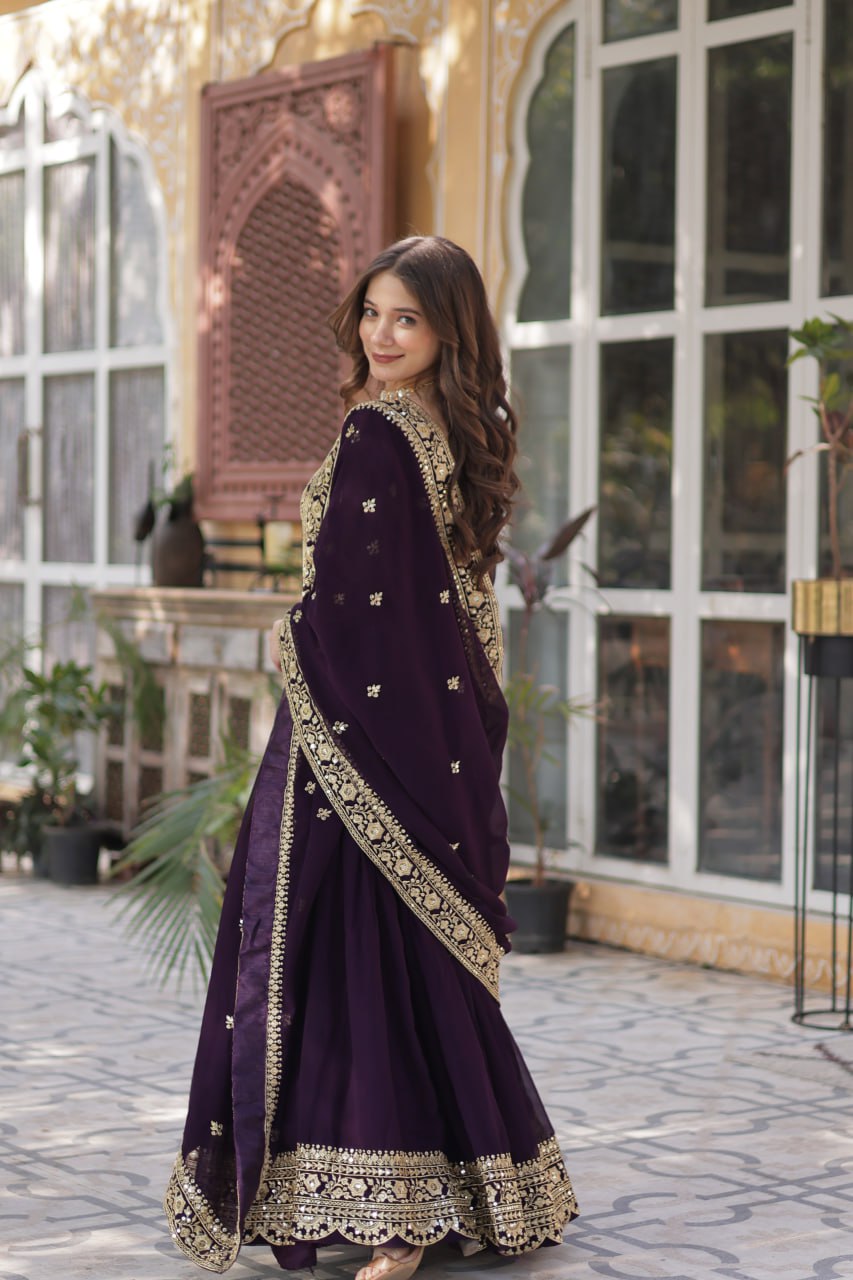 Elegant Faux Georgette Embroidered Gown With Dupatta - ETHNICDEAL