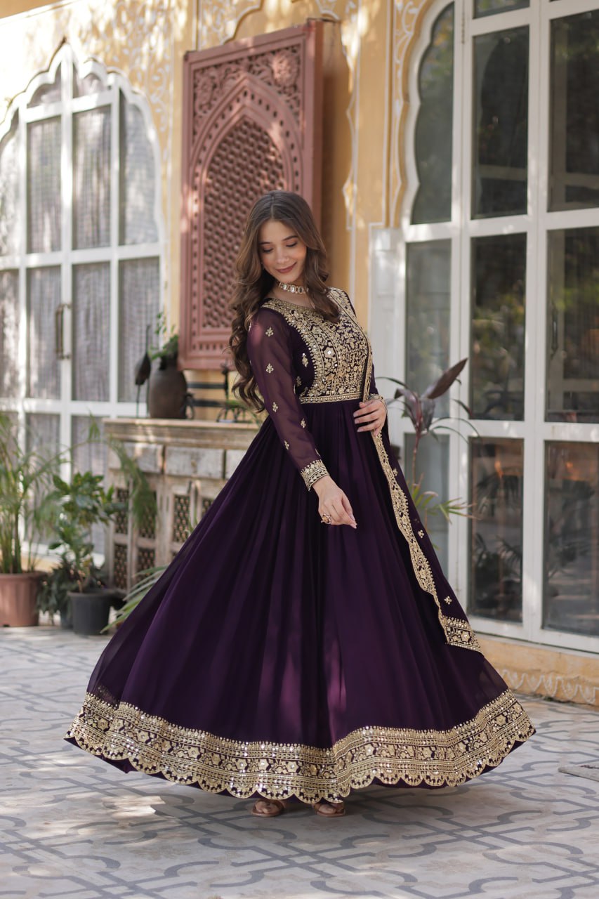 Elegant Faux Georgette Embroidered Gown With Dupatta - ETHNICDEAL