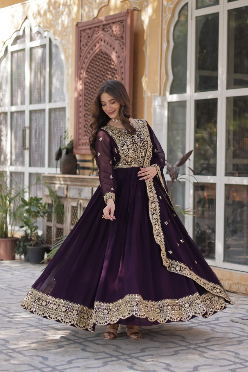 Elegant Faux Georgette Embroidered Gown With Dupatta - ETHNICDEAL