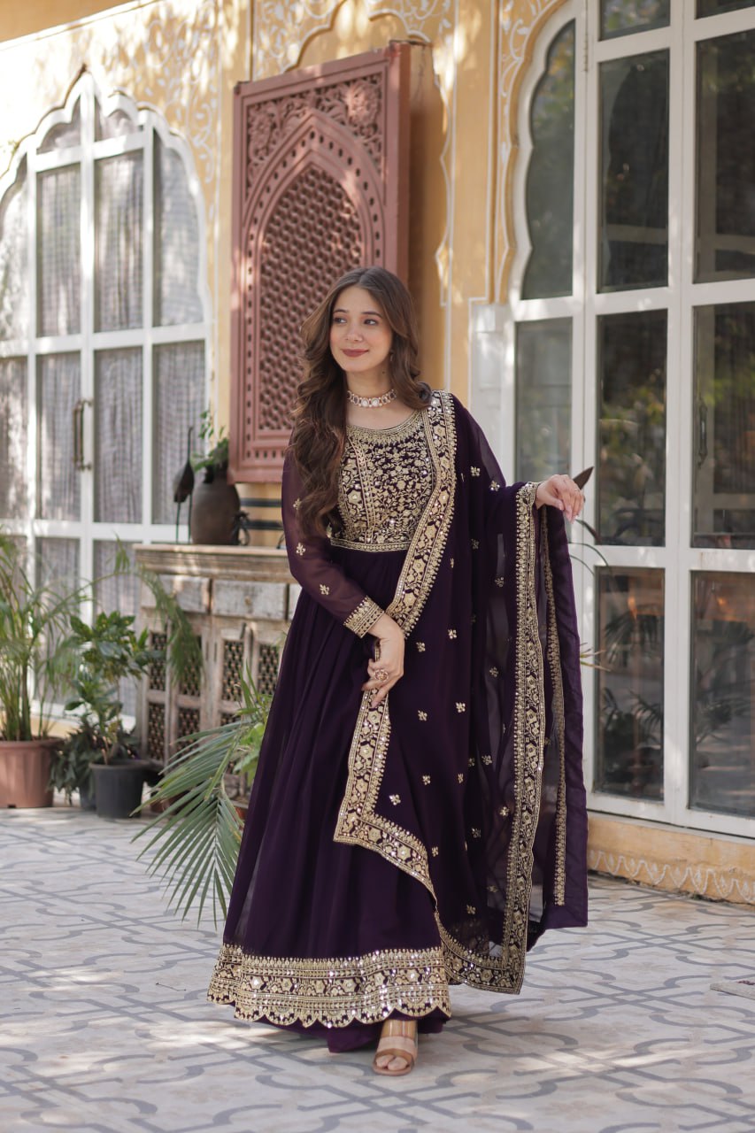 Elegant Faux Georgette Embroidered Gown With Dupatta - ETHNICDEAL